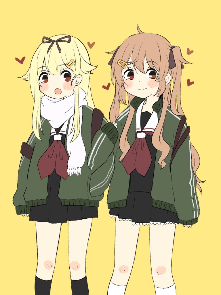 murasame (kancolle) ,yuudachi (kancolle) ,yuudachi kai ni (kancolle) multiple girls 2girls hair flaps long hair green jacket skirt blonde hair  illustration images