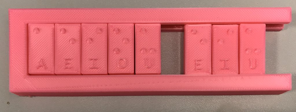 Imagen de una Regleta o cajetín y unas piezas hechas con la Impresora 3D en donde en cada ficha tocamos la letra y tocamos los puntos que representa