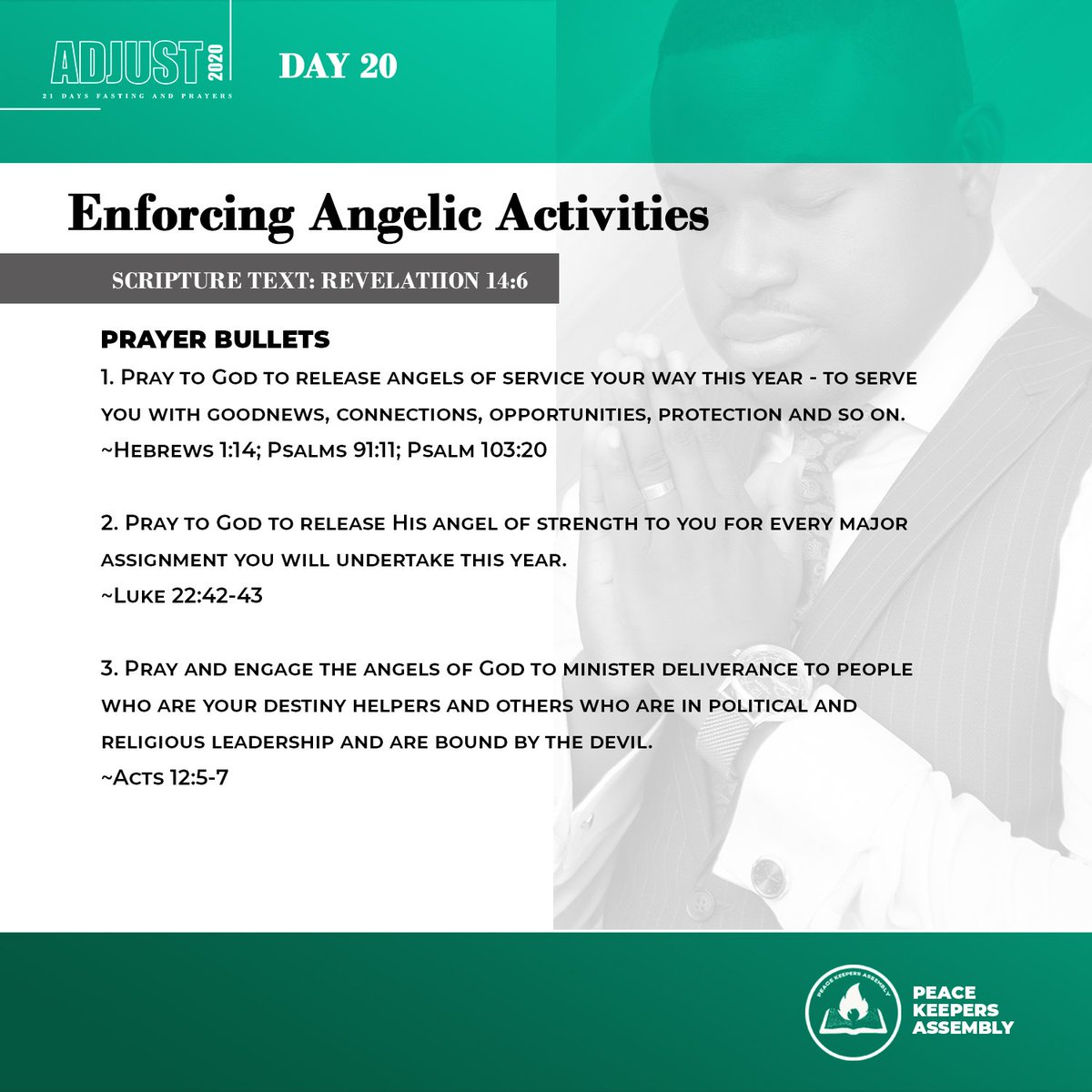 PeaceKeepersInt's tweet photo. ADJUST 2020

DAY 20: ENFORCING ANGELIC ACTIVITIES 

Scripture Text:
"Then I saw another angel flying in the midst of heaven, having the everlasting gospel to preach to those who dwell on the earth - to every nation, tribe, tongue and people"
~Revelation 14:6 https://t.co/QuquXNnmm3