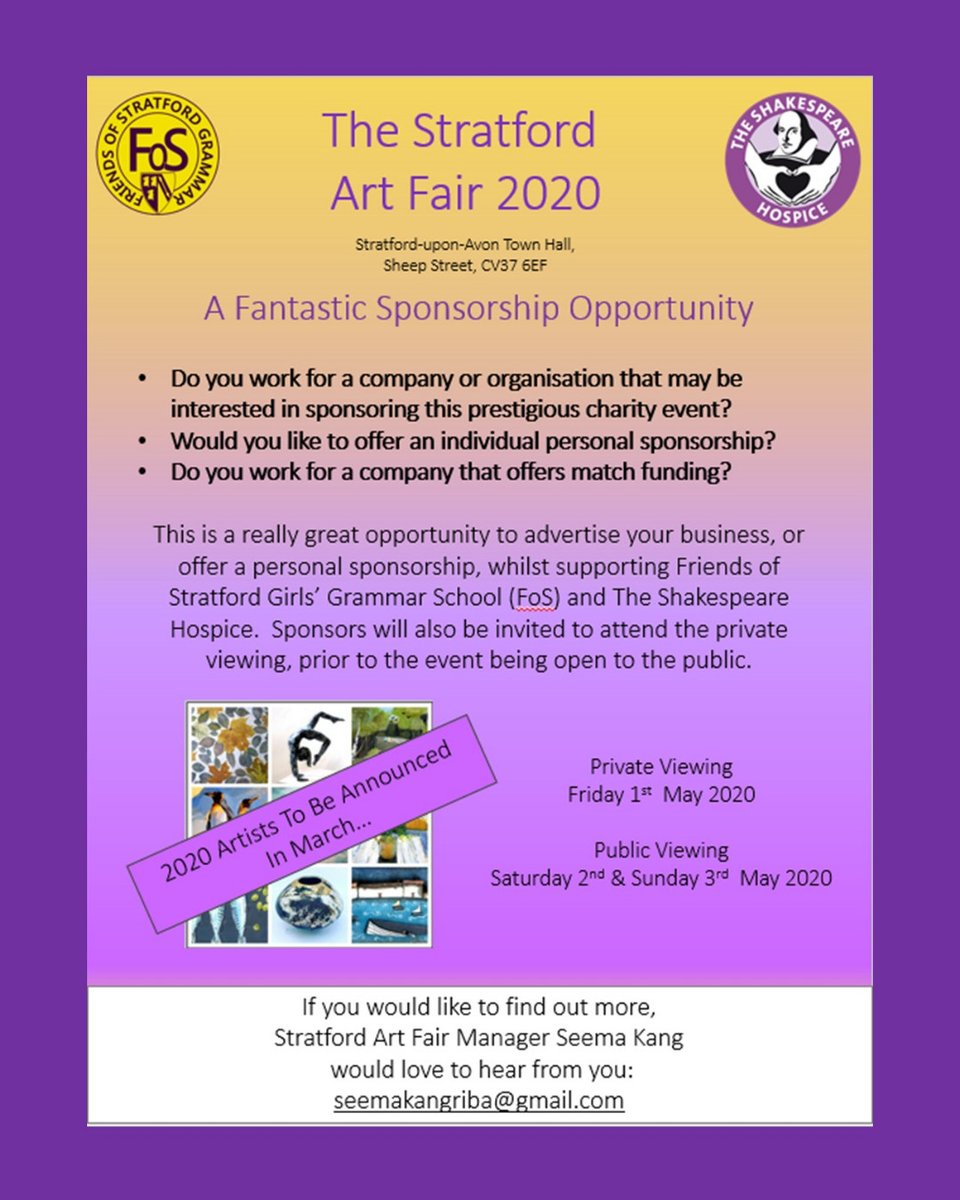 Shottery's tweet photo. An opportunity to sponsor a really fantastic event in the community, please RT and share as they'd love to hear from anyone who would like to be involved.  Thank you!

#SGGS_FoS @StratArtFair #SGGSArt #Community https://t.co/qomd9FepfN