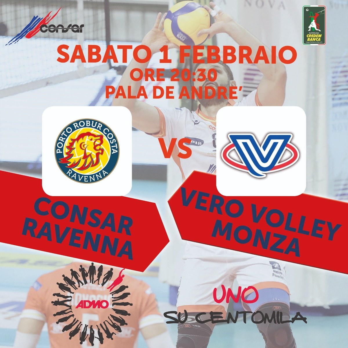 Sabato 01/02, BIG MATCH 💥💣 Prima della sfida in campo, le due squadre sono unite nel promuovere e sostenere ADMO (Associazione Donatori di Midollo Osseo). 
Un ringraziamento a Vero Volley Monza per la sensibilità e disponibilità!! 🤗🏐
#consarravenna #avantileoni #ravennamonza