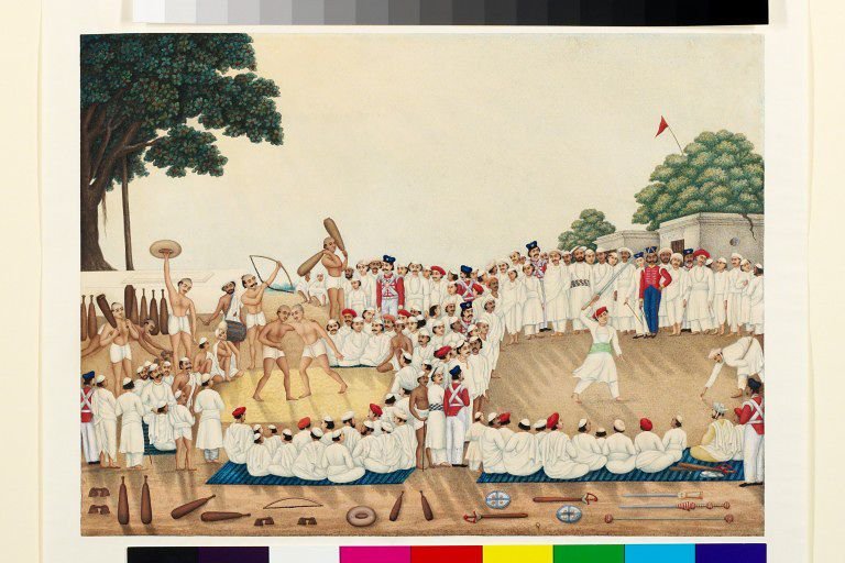 Painting by Hulas Lal at Patna, ca-1830Wrestling; Archery; Weight lifting, sword-playthese sessions kept men in uniform fit & upto date in shape?at  @V_and_A Indian Company Paintingthese paintings richly preserved India of British era