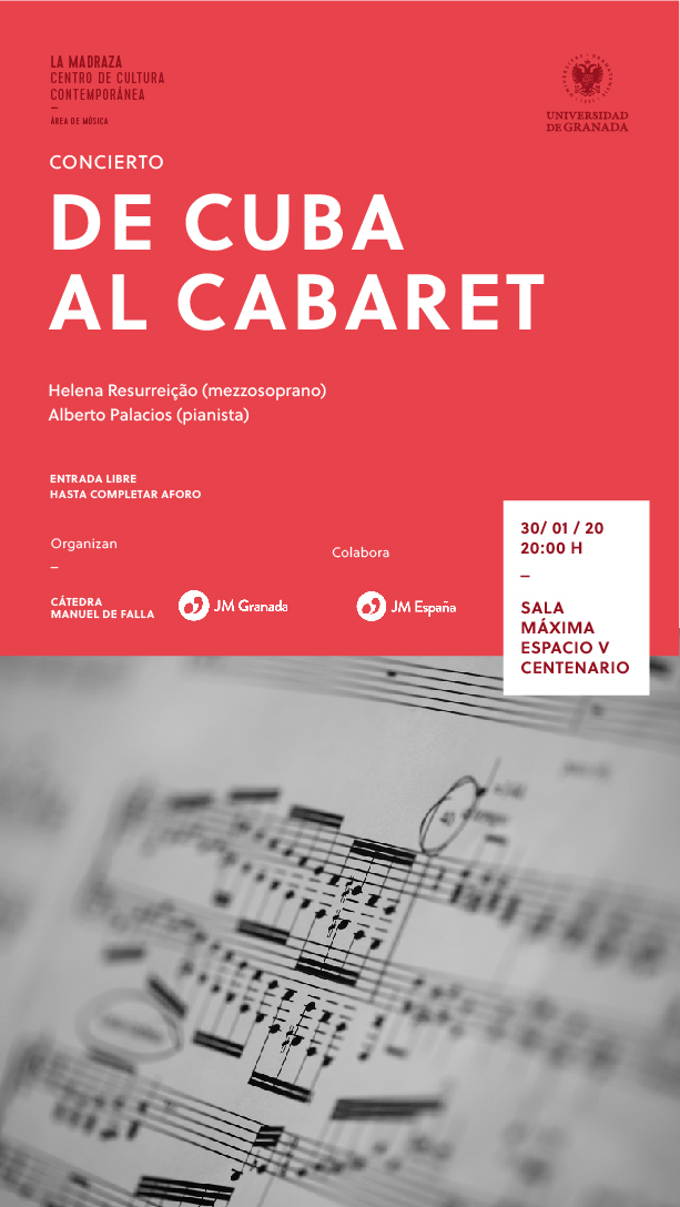 lamadrazacccugr's tweet photo. Hoy, a las 20h, en el #EspacioVCentenario, #CMDeFallaUGR y @jjmmgranada nos ofrecen el concierto "De Cuba al Cabaret", con #HelenaRessurreição y #AlbertoPalacios. https://t.co/2GM7xUYTZJ @musicaugr @harteugr @CanalUGR @educaugr @OrquestaOUGR @Comafa_UGR @portalcacocu https://t.co/Dl5mJAMsGr