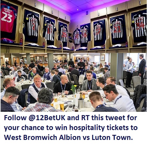 12BETuk's tweet image. Follow @12BETuk to win 2 @WBA hospitality tickets to West Bromwich Albion vs Luton Town. RT this post to win! 
A lucky winner will be chosen at random today after 7pm.