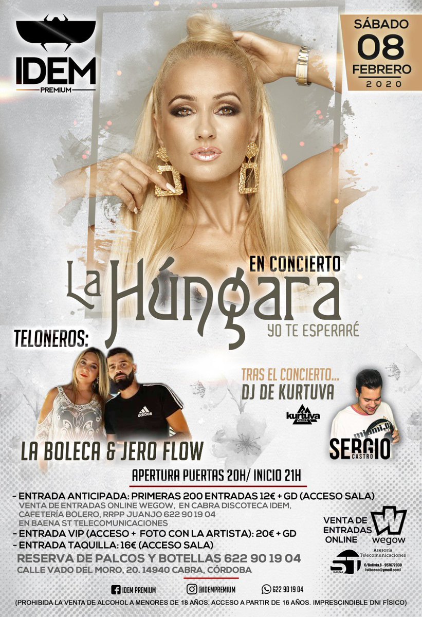 SÁBADO 8 de FEBRERO, <a href="/lahungarasonia/">Sonia Priego</a> EN CONCIERTO | CONSIGUE TÚ ANTICIPADA EN NUESTROS PUNTOS DE VENTA O A TRAVÉS DE NUESTROS RRPP’s | 200 ANTICIPADAS LIMITADAS A 12€ + GD 
RESERVA DE PALCOS Y BOTELLAS: Gocaa (667963338) o Juanjo (622901904) 
<a href="/LaHungaraSpain/">La Húngara Spain</a>