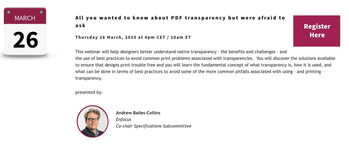 GhentWorkgroup's tweet photo. New webinar announced about PDF transparency on March 26 at 4pm. This webinar will be presented by Andrew Bailes-Collins and intends to help designers better understand native transparency and the use of best practices to avoid common print problems. https://t.co/JJZtLlYg1j https://t.co/XHWnDCJkJ7