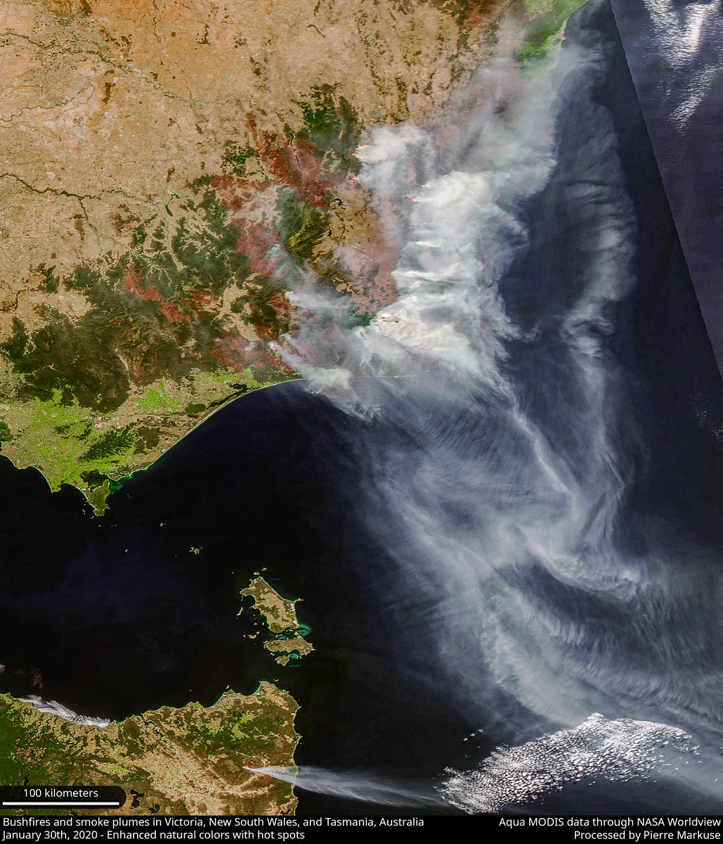 #Bushfires🔥 and smoke plumes in #Victoria, #NewSouthWales, and #Tasmania, #Australia🇦🇺 30 Jan 2020 Aqua MODIS data through NASA Worldview, processed by Pierre Markuse