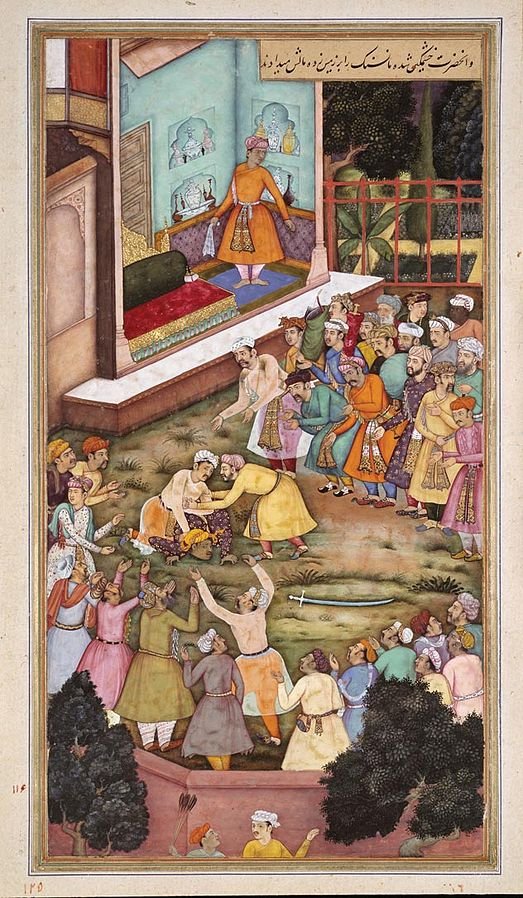 just found itdon't know it is true?Akbar fights Man Singh?from a copy of Akbarnama. (circa 1600-03)Chester Beatty Library, Dublinwho is 3rd person?who is down on earth?someone trying to stop him from thrashing other person down to earthfrom wiki https://commons.wikimedia.org/wiki/File:Akbar_Fights_with_Raja_Man_Singh.jpg