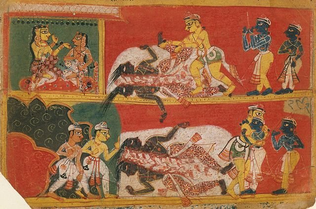 Bheem slays Jarasandh in a dwand or Malla Yuddhca.1540 Bhagavata Purana Manuscriptbeing a mighty kingdom Magadh, doesn't mean whatever evil you will do will go unpunished?one day will come?Krishna hinted Bhim to use the trick @metmuseum  https://www.metmuseum.org/art/collection/search/60004791?rpp=20&pg=18&ao=on&ft=india&pos=360