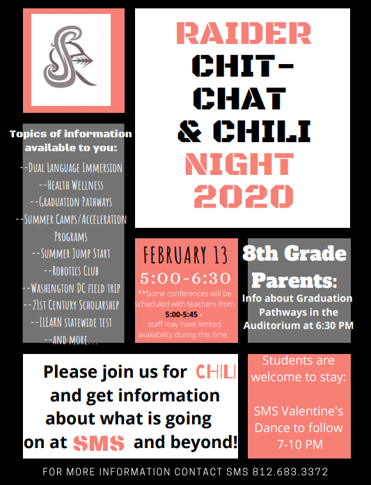 RaidersSMS's tweet photo. SMS Parents &amp; Students, join us for Raider Chit-Chat and Chili Night on February 13th from 5:00 PM-6:30 PM! https://t.co/MOk3qXaEtc