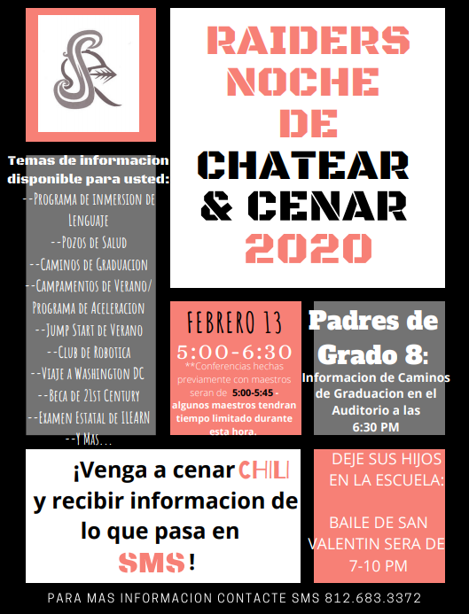 RaidersSMS's tweet photo. SMS Parents &amp; Students, join us for Raider Chit-Chat and Chili Night on February 13th from 5:00 PM-6:30 PM! https://t.co/MOk3qXaEtc