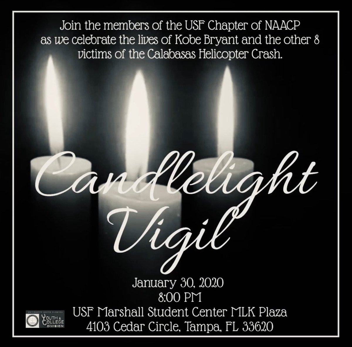 usfwtlt's tweet photo. Please come and  join the USF chapter of NAACP &amp; the BOW Committee on Thursday, January 30th at 8 PM at the MLK Plaza as we celebrate the lives of the legendary Kobe Bryant and the other 8 victims in the tragic Calabasas helicopter crash. https://t.co/aCiKgbrIiW