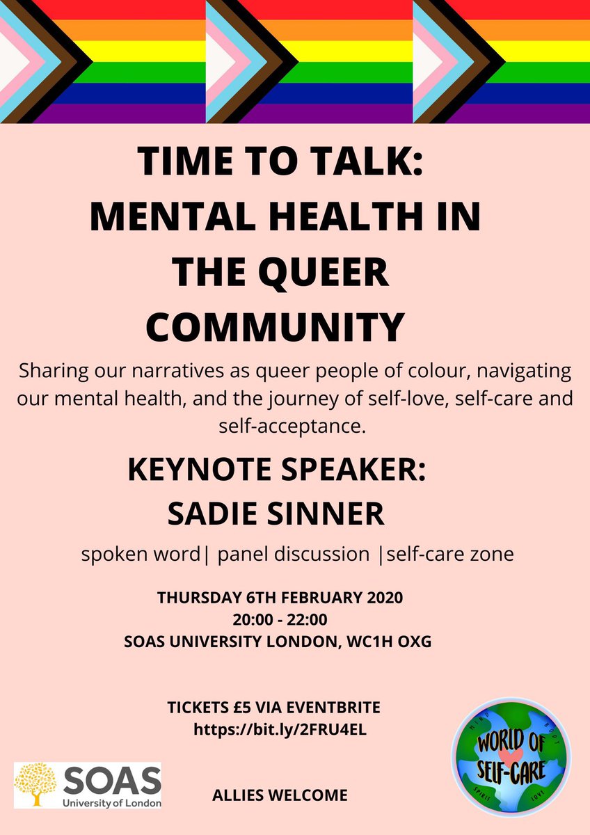 SelfCareQueen_'s tweet photo. Time To Talk: Mental Health in the Queer Community 🏳️‍🌈 

Next Thursday 7th Feb 8pm-10pm at SOAS Uni 🗓 

Tix 🎫: https://t.co/KL6raVe443 https://t.co/kPPUf9pN1U