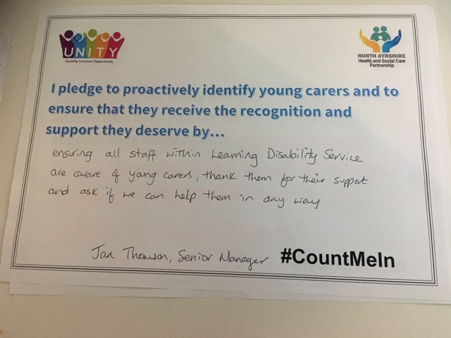 NA_Carers's tweet photo. #YoungCarersAwarenessDay Jan Thomson, Senior Manager pledges to support her team to identify and support young carers across North Ayrshire #Wecare #CountMeIn @NAHSCP #LearningDisabilityService https://t.co/jZ4siSJ3Pa