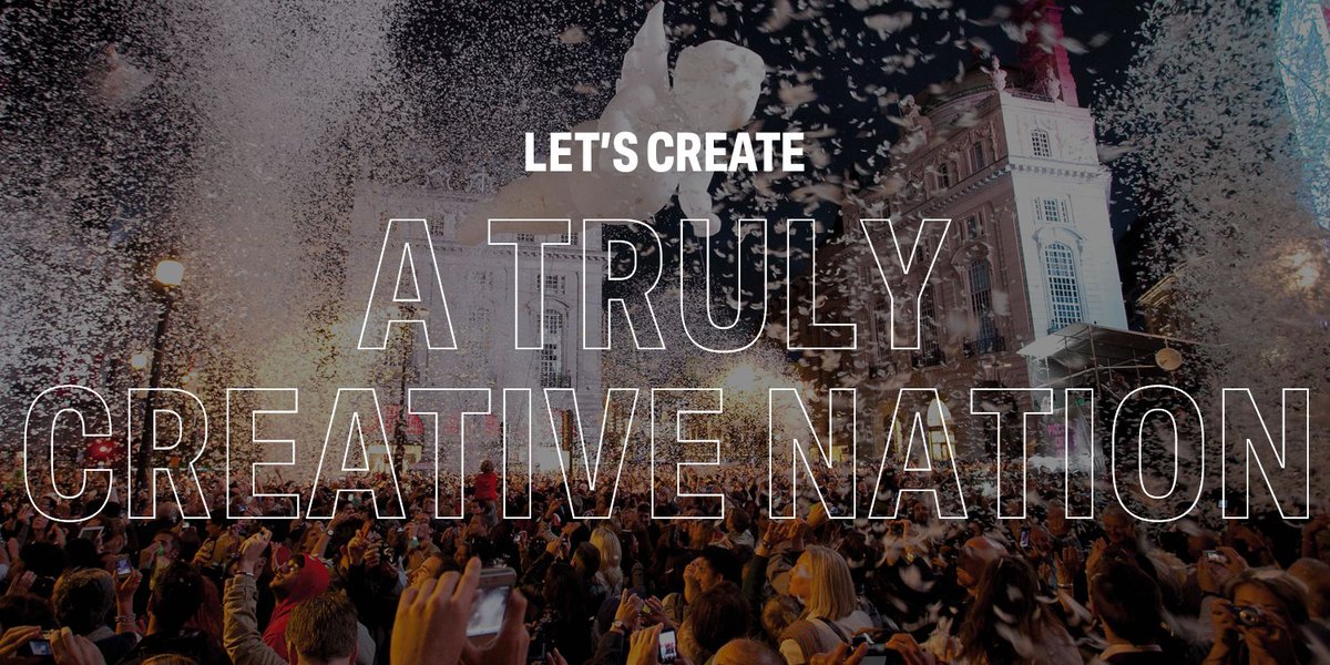 A huge crowd is gathered below a floating cherub. The image has text across it. It reads Let's Create A Truly Creative Nation.
