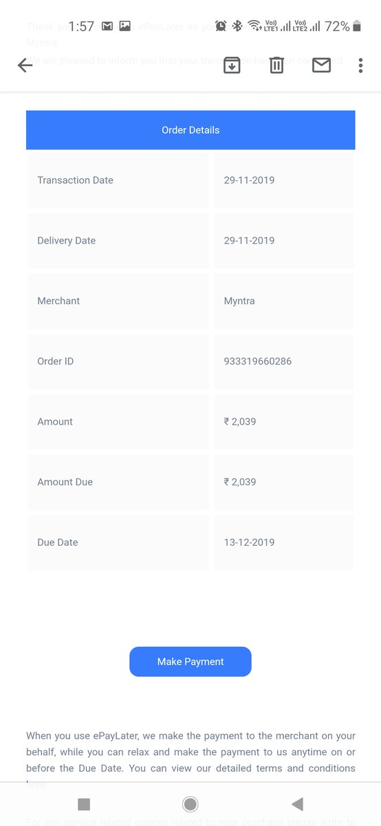 jigar_c's tweet photo. @ePayLater @MyntraSupport 
It's been more than 2 months now my transactions on 27 and 29 of Nov for Rs 2039 each have been successfully refunded by Myntra and amount still not credited in my epay later account till date

Kindly take this on priority and share refund  immediately. https://t.co/e2HL0ODU6F