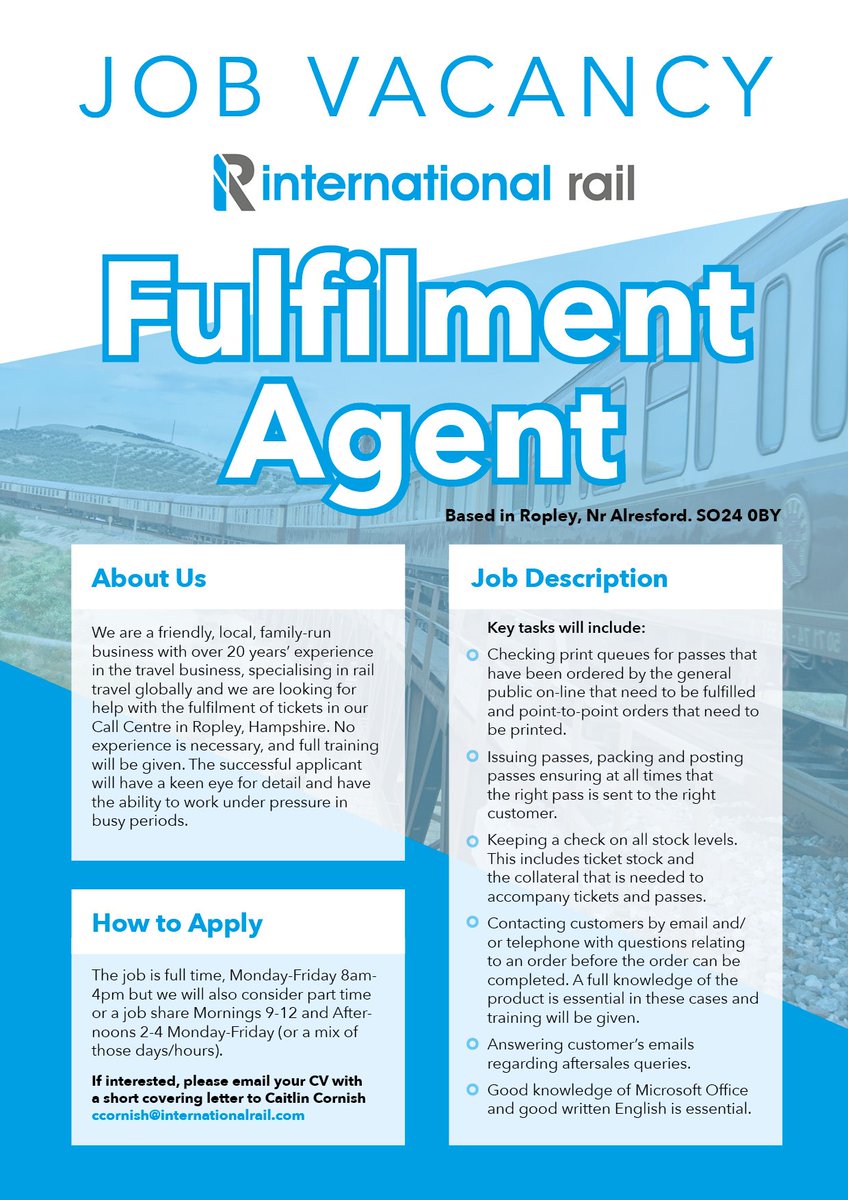 IntRail's tweet image. Exciting new #jobopportunity at International Rail. Please see advert below for further information. To apply send a CV and covering letter to Caitlin Cornish at ccornish@internationalrail.com #Jobs #fulfilment #rail