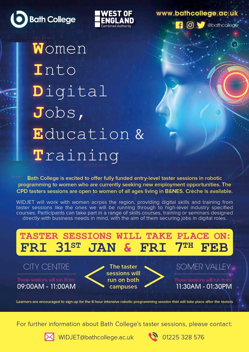 InvestinBathnes's tweet photo. @BathCollege are offering free taster sessions in #robotic programming for women of all ages wanting to enter the digital sector 🤖 For more info email: widjet@bathcollege.ac.uk #WomeninDigital #WomeninBusiness https://t.co/UaDSLFQY9w