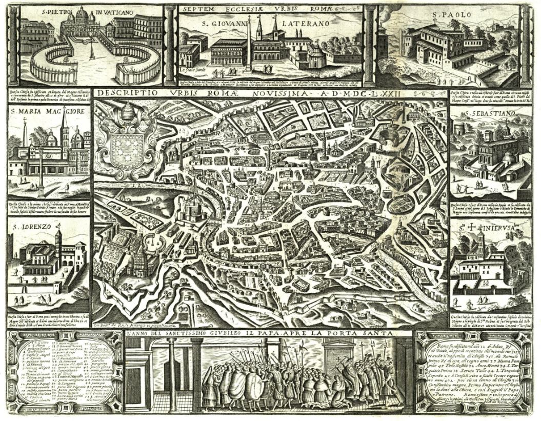 SenatoStampa's tweet photo. #30gennaio 1592, inizio pontificato #ClementeVIII. Per i pellegrini del #Giubileo, da lui indetto nel 1600, la pianta di #Roma con le #SetteChiese e la cerimonia di apertura della #PortaSanta→ https://t.co/R1y2bTLj3C #AntiquorumHabet #BibliotecaSenato https://t.co/88omPqChSN