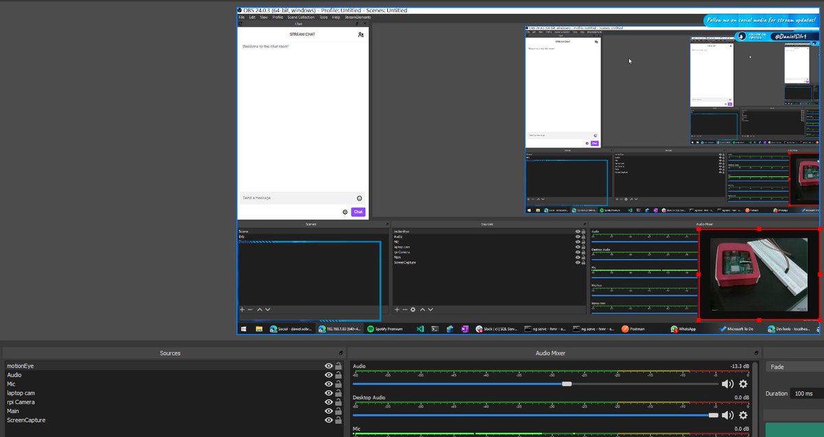 DanielSilv9's tweet image. I have a rpi0w laying around, as well as a 3$ camera module for it. So I&apos;ve decided to install #motionEyeOS and stream the camera with the built-in streaming option.
Because #obs allows you to add a &quot;browser&quot; to your sources, I was able to easily add it to my stream!
