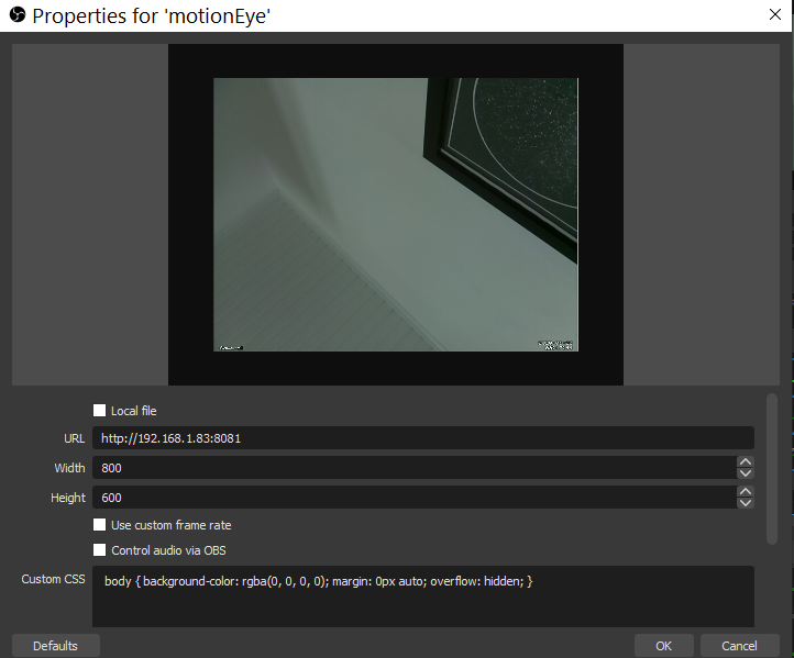 DanielSilv9's tweet image. I have a rpi0w laying around, as well as a 3$ camera module for it. So I&apos;ve decided to install #motionEyeOS and stream the camera with the built-in streaming option.
Because #obs allows you to add a &quot;browser&quot; to your sources, I was able to easily add it to my stream!