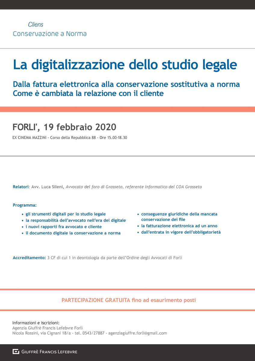 gsvnetwork's tweet photo. 19 febbraio #Forlì - La #conservazione a norma e la digitalizzazione dello studio legale - #PCT https://t.co/L52IRCiYim