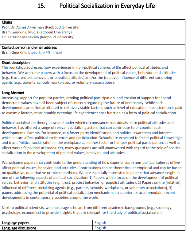 #CfP for #Politcologenetmaal2020 11-12 June <a href="/Radboud_Uni/">Radboud University</a> Nijmegen: “Political Socialization in Everyday Life” together with <a href="/AgnesAkkerman/">Agnes Akkerman</a> &amp; <a href="/KManevska/">KaterinaManevska 🍉</a>. Send your abstract (250w) to b.geurkink@fm.ru.nl before March 27, 2020.