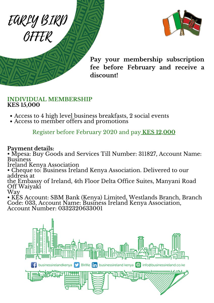 IrlEmbKenya's tweet photo. Renew your subscription or join @BIrlKe (Our handle) before our first #BusinessBreakfast on 28th FebruaryΒ 2020 to enjoy our Early Bird Offer
#JoinBIK #Transform2020 #Building #Trade #Investment #Kenya #Ireland #Strongerpartnerships #Valuablenetworks https://t.co/x16vs5gEZE