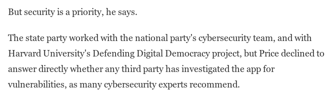 verycosmic's tweet photo. Okay so to sum up, who is it that developed the #DNCApp again? NOBODY KNOWS.

Has any 3rd party has evaluated the app for vulnerabilities, as cybersecurity experts recommend? NOBODY KNOWS.

Alright... then how do we know it's secure? BECAUSE #CROWDSTRIKE &amp; ROBBY MOOK SAY IT IS 👌 https://t.co/2f3cAQTQ29