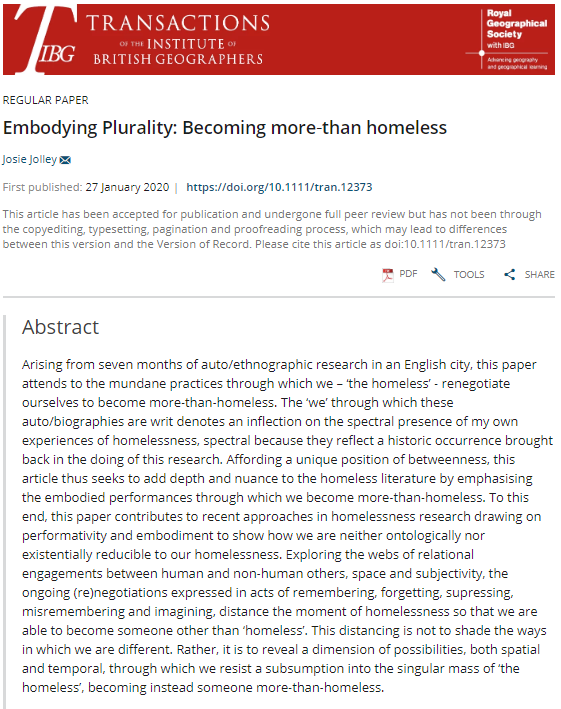 RGS_IBGhe's tweet photo. New in TIBG: Embodying Plurality: Becoming more‐than homeless, by Josie Jolley @SussexGeog https://t.co/WE6iAihvvx 
Free to read via: https://t.co/h80PcrvpBI https://t.co/VEyngjz4D1