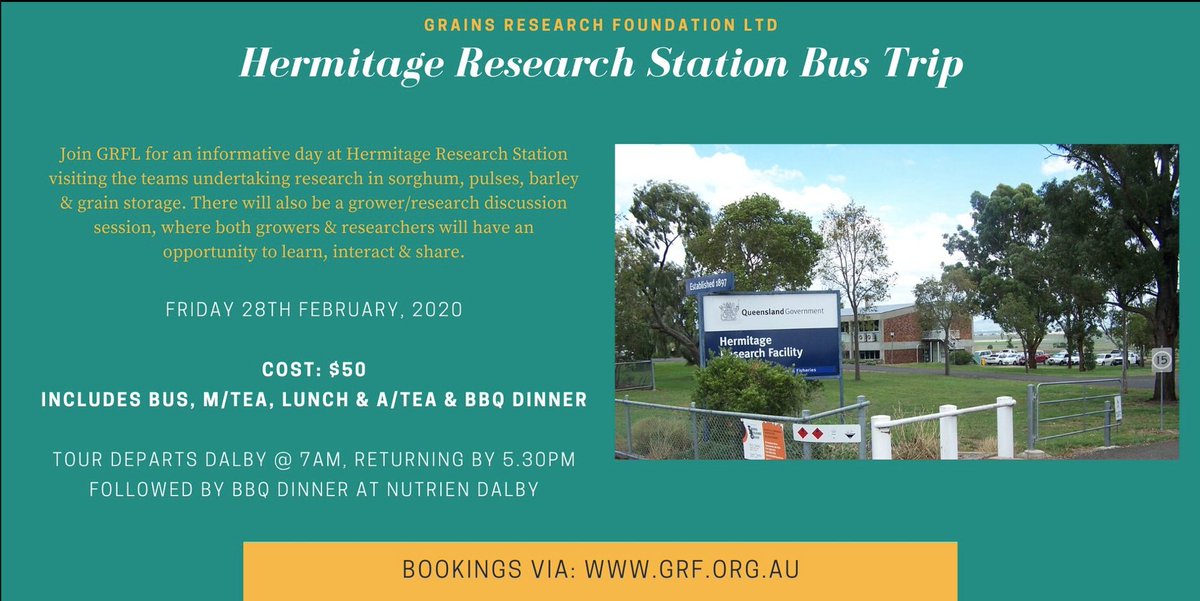 Join GRFL on Fri 28th Feb, 4 a visit 2 Hermitage Research Station @ Warwick, day consist of meeting and hearing from researchers in sorghum, barley, grain storage and pulses, will be an interactive session where growers and researchers will be able to learn, interact and share.