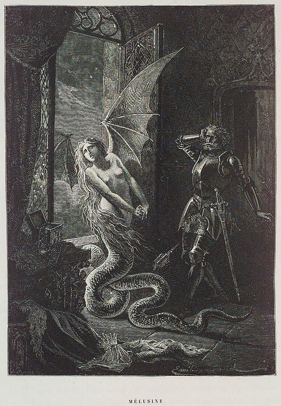AESEurope's tweet photo. #FolkloreThursday Melusine born to Pressyne  grew up on Avalon, She took vengeance on her human father.  Her mother cursed her to look like a serpent from the waist down. She supposedly got scaled arms and fins for hands, and could never change back to her old form.  #nymph #mom https://t.co/e7X77tzmzy
