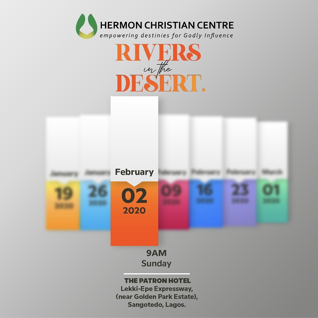 HermonCentre's tweet photo. Only God can make rivers flow in deserts. Let Him do it in every 'desert situation' in your life. Join us @hermoncentre by 9am this Sunday (February 2, 2020). You will be glad you did. Come expectant! Invite your loved ones.
#7supersundays
#riversindesert
#commandedtoflourish https://t.co/jYItixIoeG