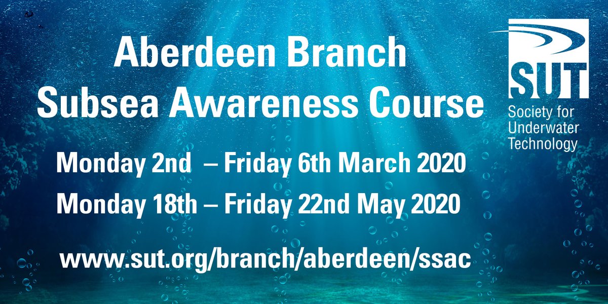 We are pleased to announce that the first dates for the Aberdeen Subsea Awareness Courses of 2020 have been released:

Monday 2nd March – Friday 6th March

Monday 18th May – Friday 22nd May

Information &amp; registration: bit.ly/SUTSAC

#SUT #Subsea #Training #CPD