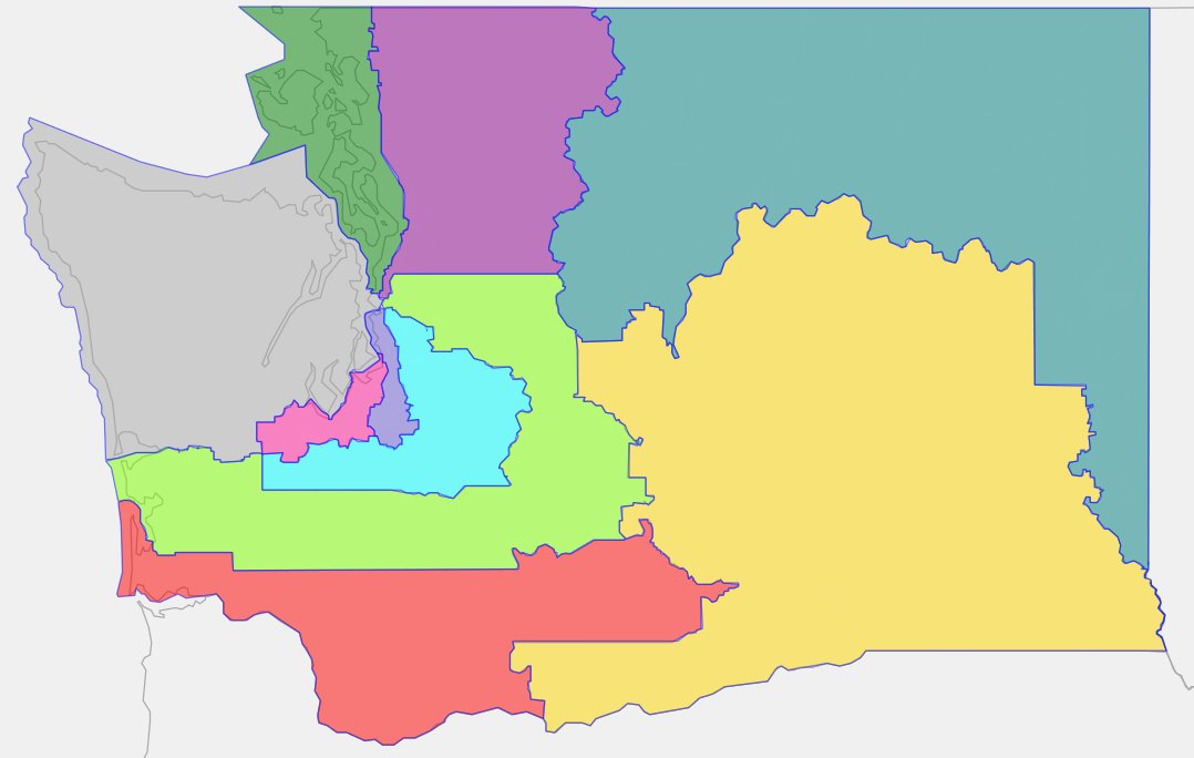 One of my most aesthetically pleasing; WA worked as intended. While the northeast Spokane  #WA05 slid out of reach;  #WA03 remained a swing district – and the swap of Lewis and Klickitat counties for Yakima would likely have let  @ElectLong win in 2018. 8/27  https://davesredistricting.org/join/c0d9c63d-fc21-4862-9cb1-8c994b59d12f