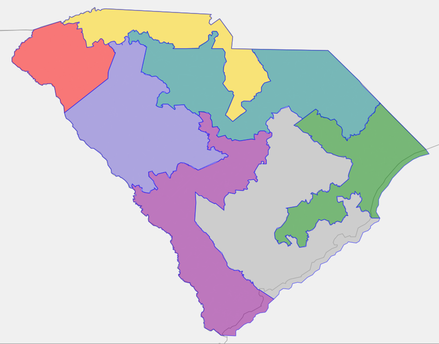 Along with the previous and next maps; SC seems to require a gerrymander just to get a proportional congressional delegation. Inexplicably,  #SC02,  #SC05, and  #SC06 varied more downballot for Senate 2016: 50.8%, 52.6%, and 46.8% respectively. 12/27  https://davesredistricting.org/join/e8e89d1c-10fe-45f1-acee-454d47cda1f3