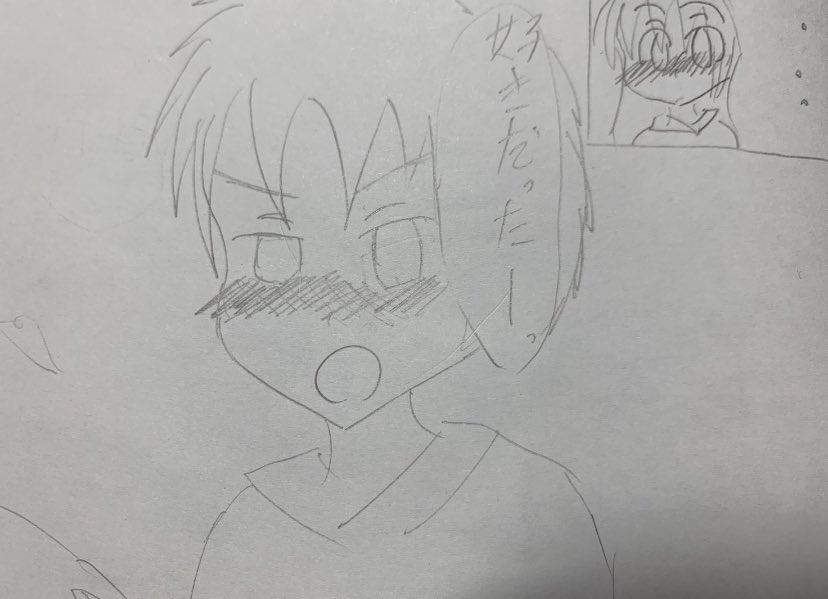 # 画力ビフォーアフター
掃除してたら出てきました
明らかに少女漫画作品のワンカット(血反吐)

右:多分小学生の時
左:今描いた 