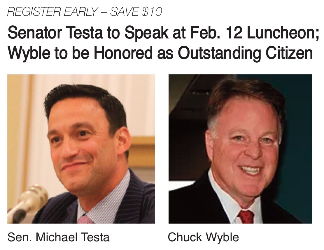 Register by February 4 for our next luncheon on February 12 at NJMP and save $10 off your ticket. On that day, we will honor Chuck Wyble as our Outstanding Citizen. Our speaker will be Senator Michael Testa. Tickets can be reserved at millville-nj.com.