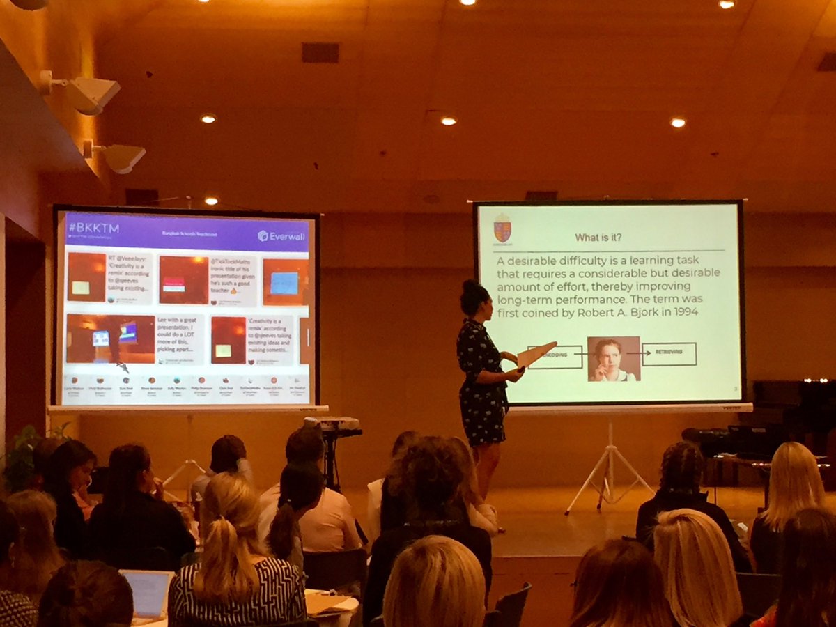 VeeeJayy's tweet photo. Last presenter of the night is Charlotte presenting on ‘desirable difficulty’, a topic we discussed recently in one of our breakfast sessions #BKKTM #weareshrewsbury #teachersforthewin https://t.co/iS4PDyq7tD