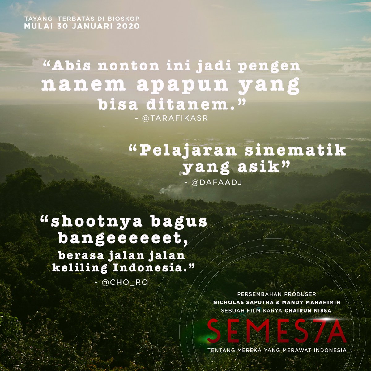 Terimakasih buat teman-teman yang sudah nonton #FilmSemesta hari ini! Follow @TanakhirFilms untuk mendapatkan info bioskop yang menayangkan #FilmSemesta !