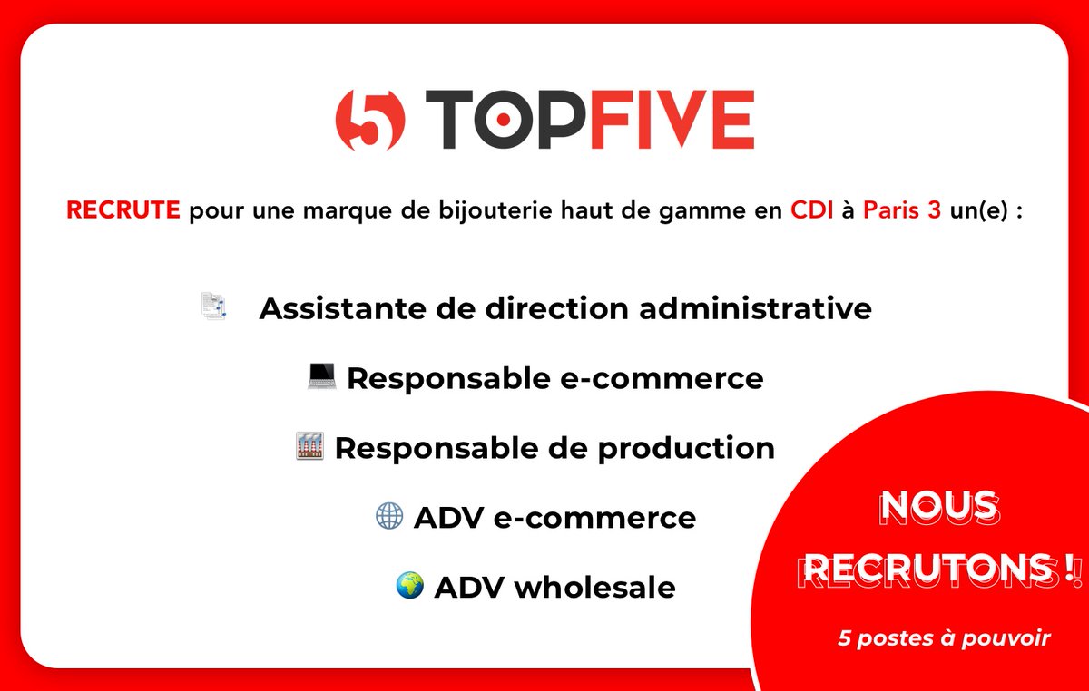 TopFiveFr's tweet photo. #OFFREDEMPLOI Nous recrutons en CDI à Paris 3 : 

💻 Responsable e-commerce : https://t.co/j8SIoCBI97
🏭 Responsable production : https://t.co/lpIrVPgKgm
🌐 ADV e-commerce : https://t.co/Mfzh2DPvIN
🌍 ADV Wholesale : https://t.co/TCLQHgFs88

Intéressé(e) ? CV à agents@top-five.fr https://t.co/TZGOmXjVSS
