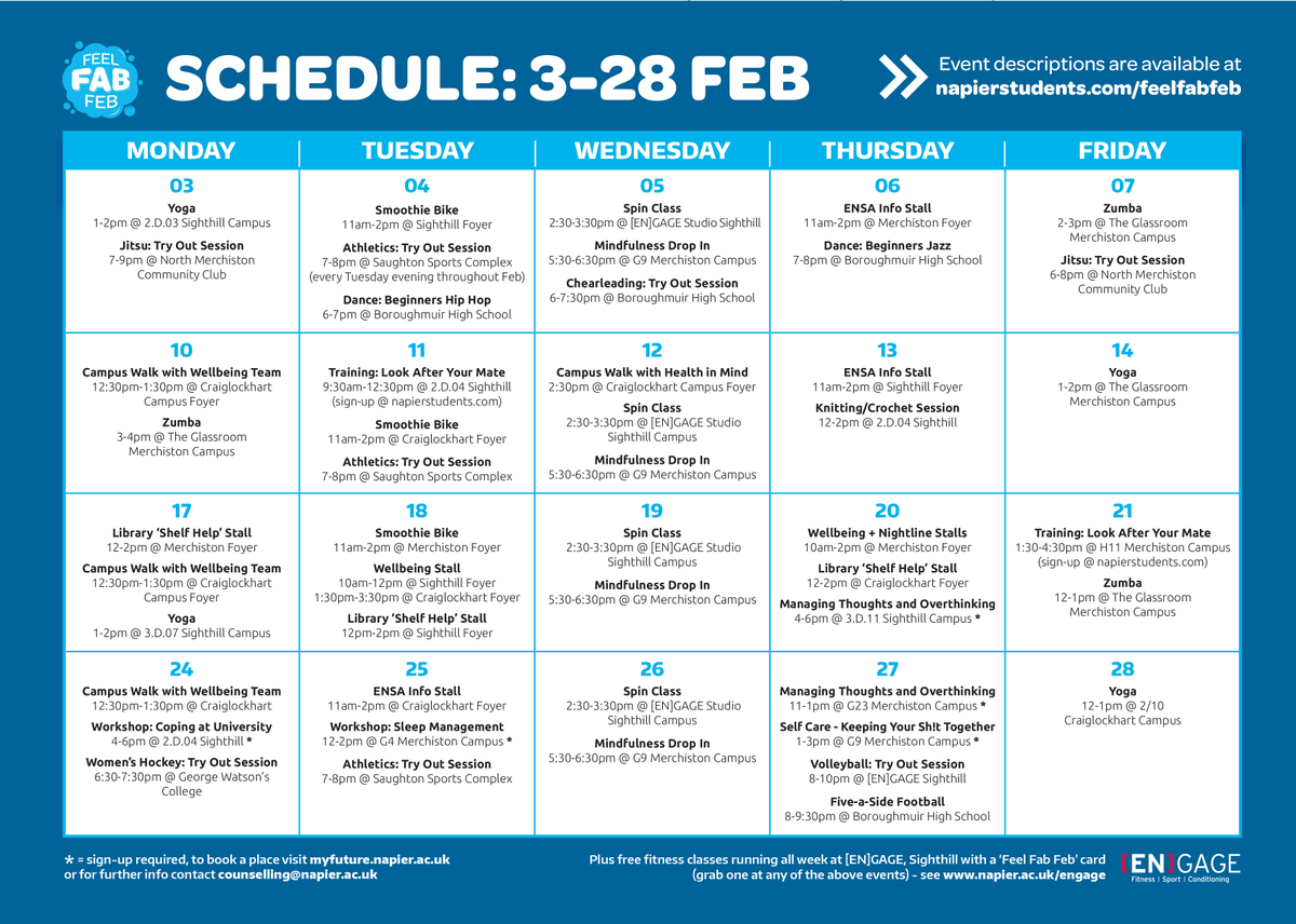 Feel Fab Feb schedule 3-28 february. More at napierstudents.com/feelfabfeb