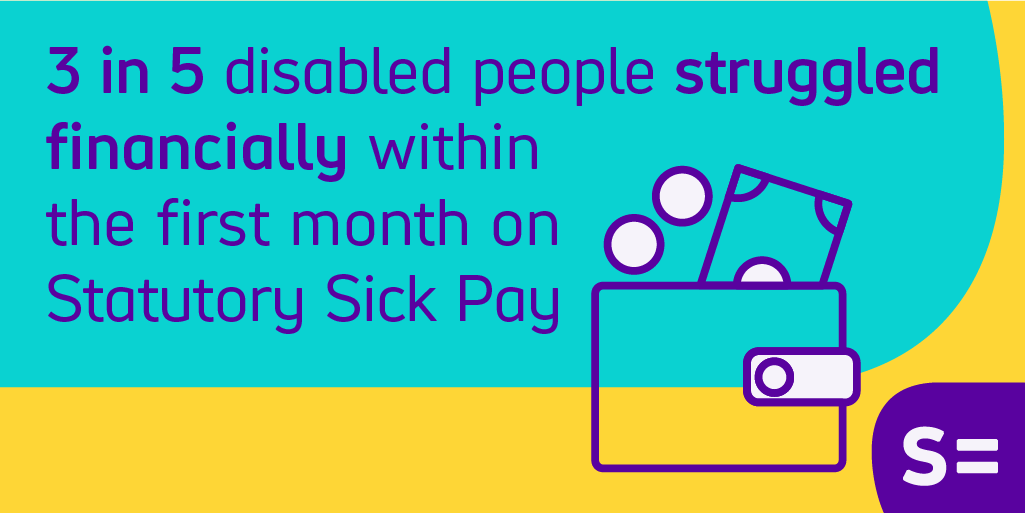 Infographic: "3 in 5 disabled people struggled financially within the first month on Statutory Sick Pay" - Illustration shows a wallet with a money note and two coins coming out of it.
