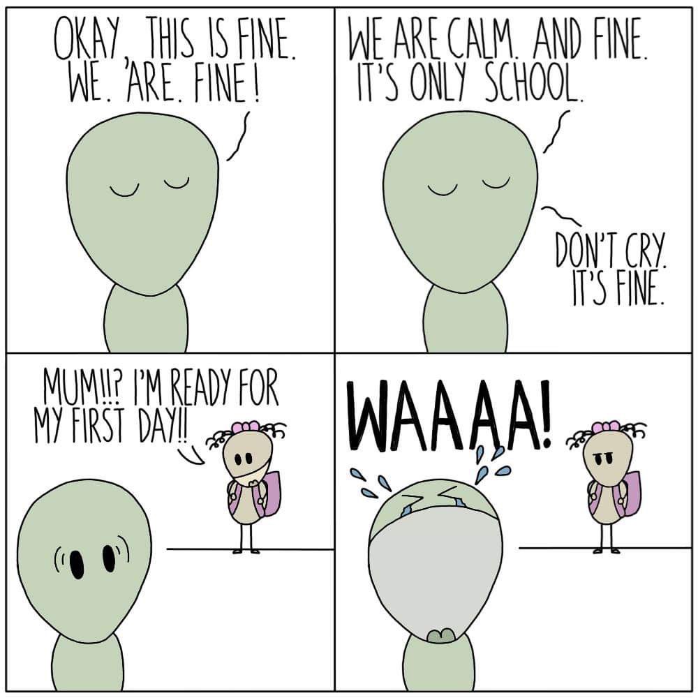 JustThingsComic's tweet photo. • I don’t know about anyone else...but it still hasn’t sunk in that we now have a SCHOOL KID!! 🤦‍♀️🤦‍♀️🤦‍♀️ • 
:
Let’s send some ❤️ to people having to come to terms with their babies being all grown! 
:
:
#justthings #justthingscomics #parenting #school #firstdayofschool #comicstrip https://t.co/BpdVHAsO7n