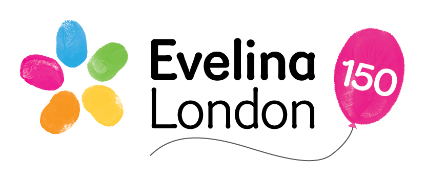 The Evelina London logo, including a pink balloon with the number 150 inside.
