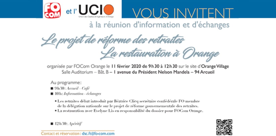 FOComORM's tweet photo. [ ACTU / RÉUNION D'INFORMATION ET D'ÉCHANGES ]
🗓️#11fevrier 9h30 à #OrangeVillage #Arcueil
👉Le projet de #réforme des #retraites
👉La #restauration d'#orange
Avec #focomorange et #ucio 
🌐https://t.co/uYBKS7w56y via #focom #orange https://t.co/wqtnHdrxYp