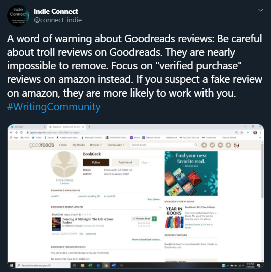 xoMauraBright's tweet photo. A word of warning about indie book promotional sites: If they talk about fake reviews and review trolls in conjunction with Amazon and Goodreads, while pretending to give you a good promotional tip, they're fake and lying about being promo experts. #WritingCommunity https://t.co/nQlCp9OKZN