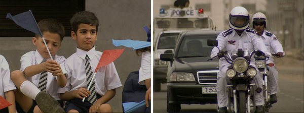 boys waving flags, guards on motorbikes 