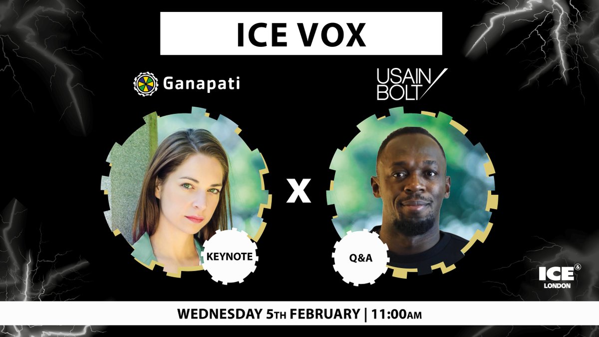 Ensure you're quick off the blocks at 11:00am on Wednesday 5th February to hear Juliet Adelstein's keynote at ICE VOX (@ICE_London_Talk) followed by a Q&amp;A with the fastest man in the world, <a href="/usainbolt/">Usain St. Leo Bolt</a>!

#BoltxGanapati #GanapatiGaming #intothefuture #ICELondon