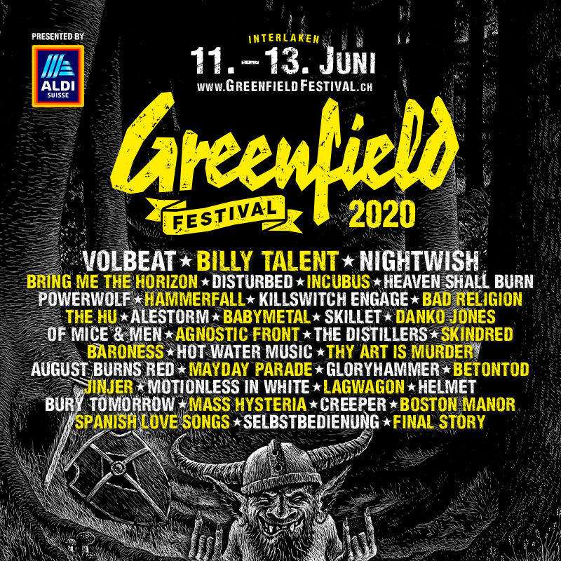 Neues Jahr, neue Bands! Wir freuen uns auf <a href="/HammerFall/">HammerFall</a> | <a href="/TheHuOfficial/">The HU</a> | <a href="/dankojones/">Danko Jones</a> | <a href="/thedistillers/">The Distillers</a> | Spanish Love Songs und <a href="/FinalStoryBand/">Final Story</a> !
2-Tagestickets, KarTents und Camping Claims jetzt erhältlich auf greenfieldfestival.ch